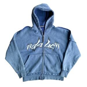 22DABE22 Premium Washed Dark Blue Faded Zip Hoodie Large 22x27